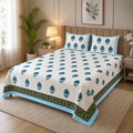Authentic Genuine Hand Block Print 400 TC Pure Cotton King Size Bedsheet - Blue Lotus Floral Design