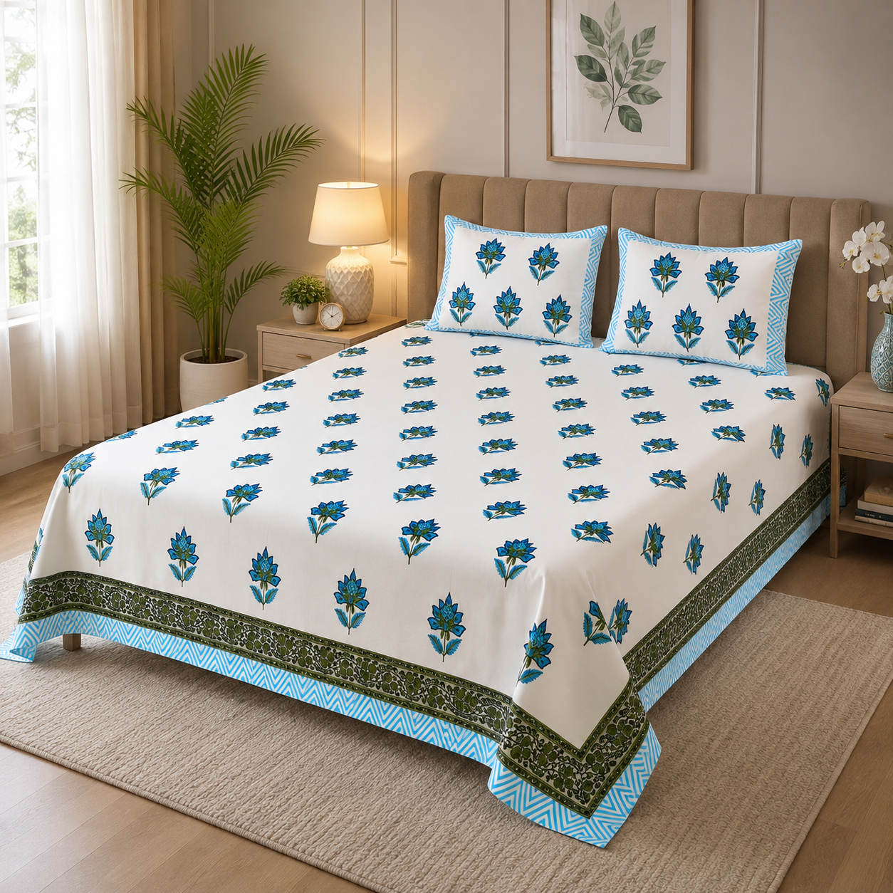 Authentic Genuine Hand Block Print 400 TC Pure Cotton King Size Bedsheet - Blue Lotus Floral Design