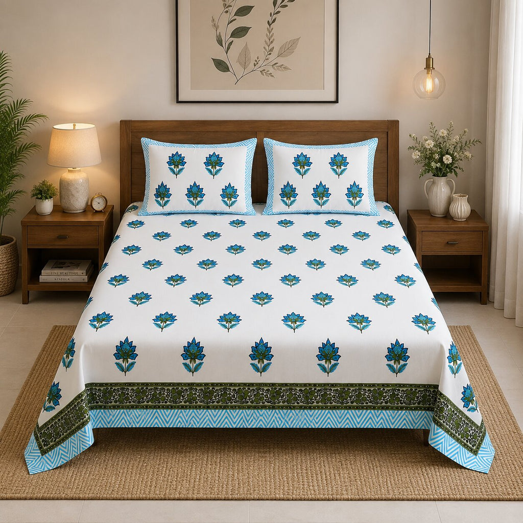 Authentic Genuine Hand Block Print 400 TC Pure Cotton King Size Bedsheet