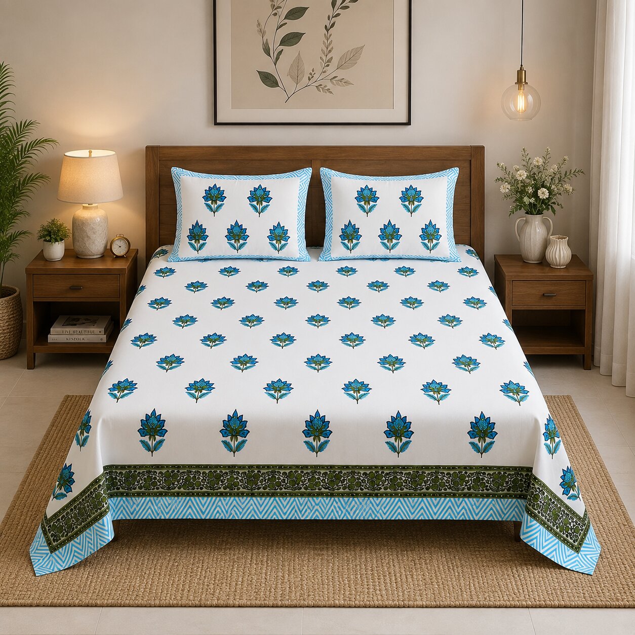 Authentic Genuine Hand Block Print 400 TC Pure Cotton King Size Bedsheet