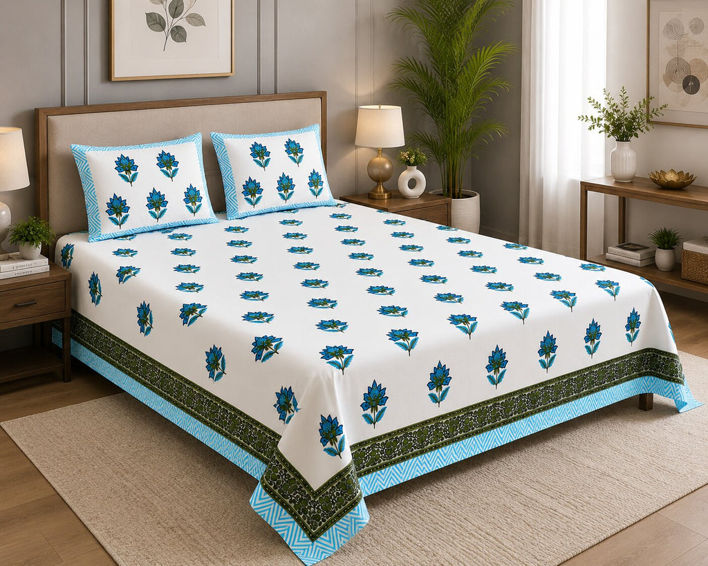 Authentic Genuine Hand Block Print 400 TC Pure Cotton King Size Bedsheet