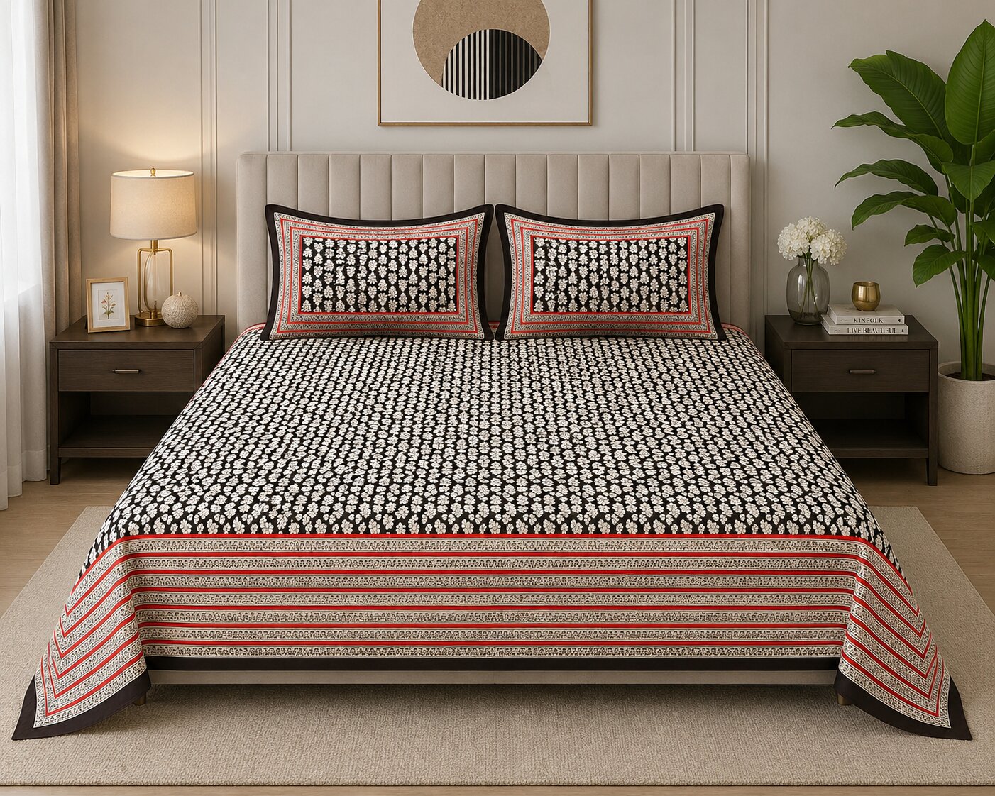 Black Base White Floral Print Super Fine Poplin Cotton Double Bedsheet With Two Pillow Covers