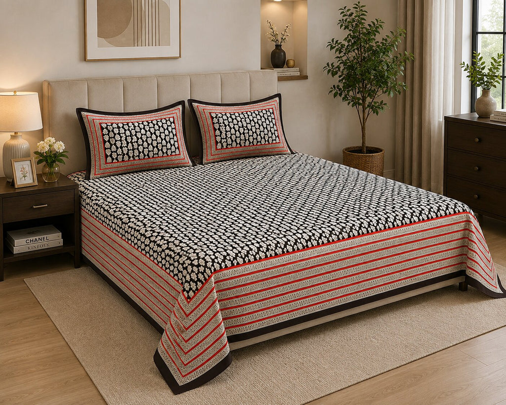 Black Base White Floral Print Super Fine Poplin Cotton Double Bedsheet With Two Pillow Covers
