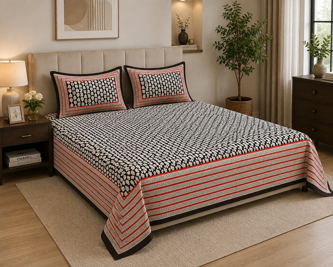 Black Base White Floral Print Super Fine Poplin Cotton Double Bedsheet With Two Pillow Covers