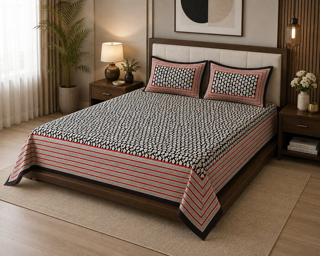 Black Base White Floral Print Super Fine Poplin Cotton Double Bedsheet With Two Pillow Covers