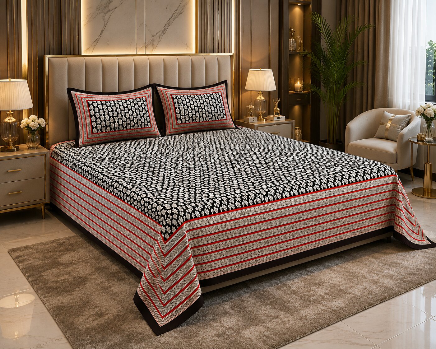 Black Base White Floral Print Super Fine Poplin Cotton Double Bedsheet With Two Pillow Covers