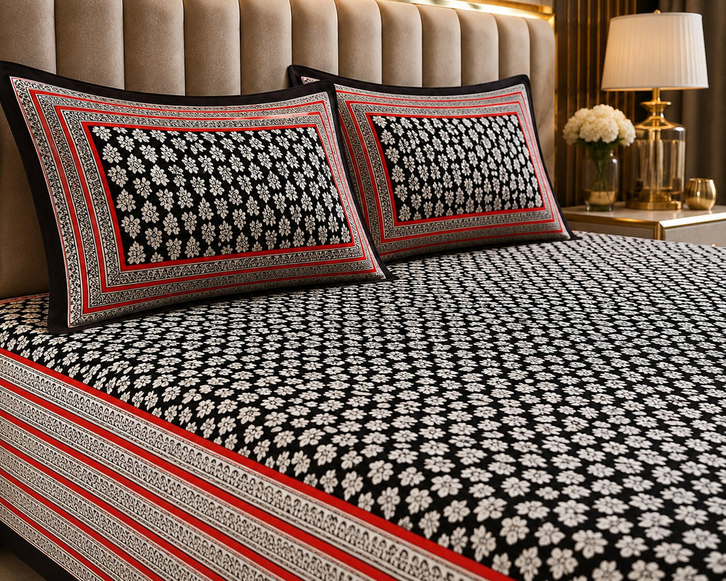 Black Base White Floral Print Super Fine Poplin Cotton Double Bedsheet With Two Pillow Covers