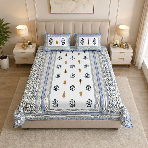 Blue Block Print Pure Cotton Double Bedsheet with 2 Pillow Covers | 180TC 153GSM