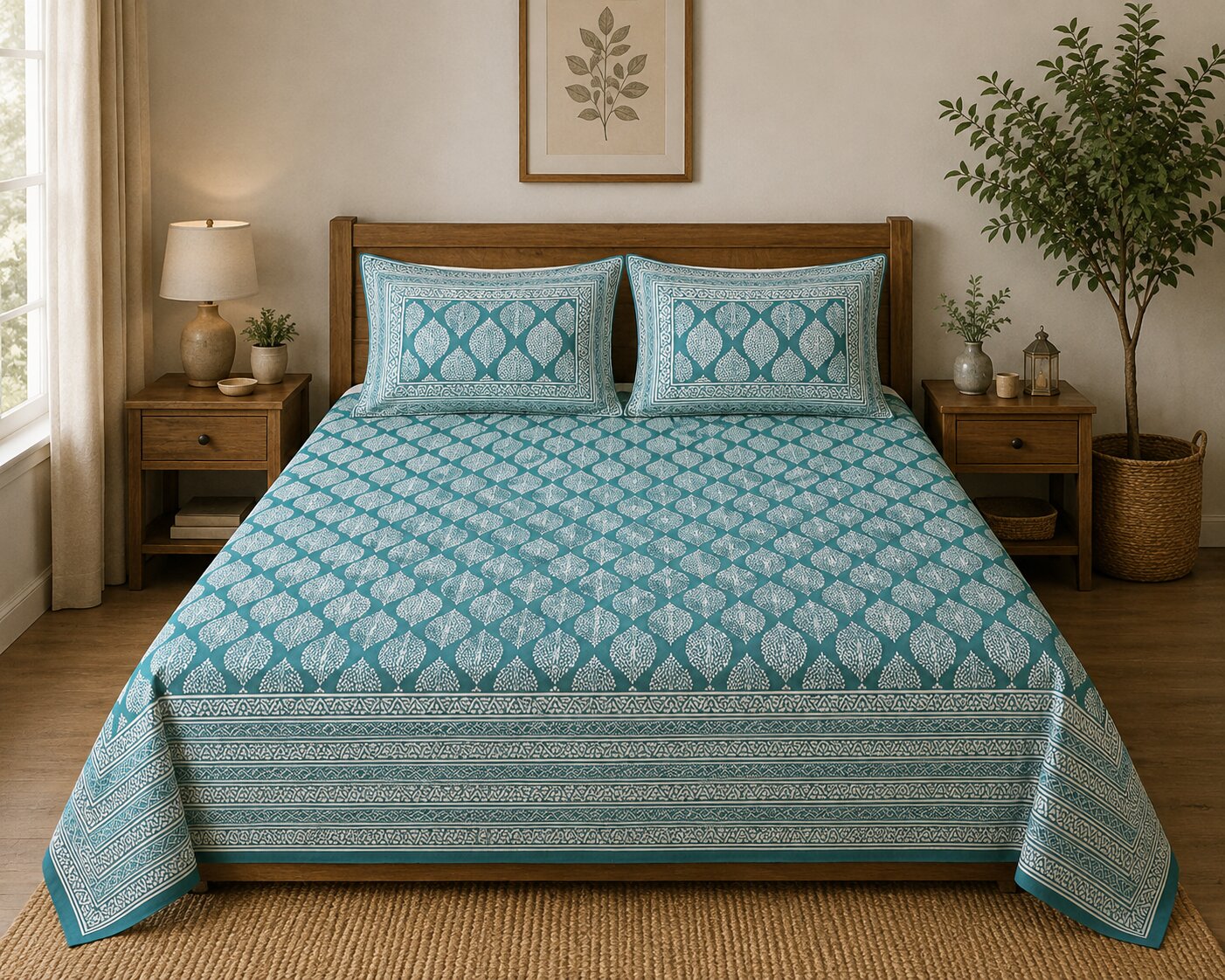 MVB Lahariya Print Double Bedsheet Set - Teal Green - 100% Pure Cotton