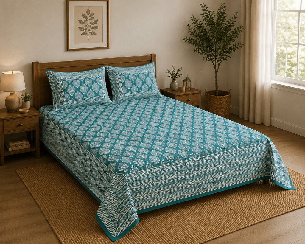 MVB Lahariya Print Double Bedsheet Set | 100% Pure Cotton | 200 GSM | Teal Green