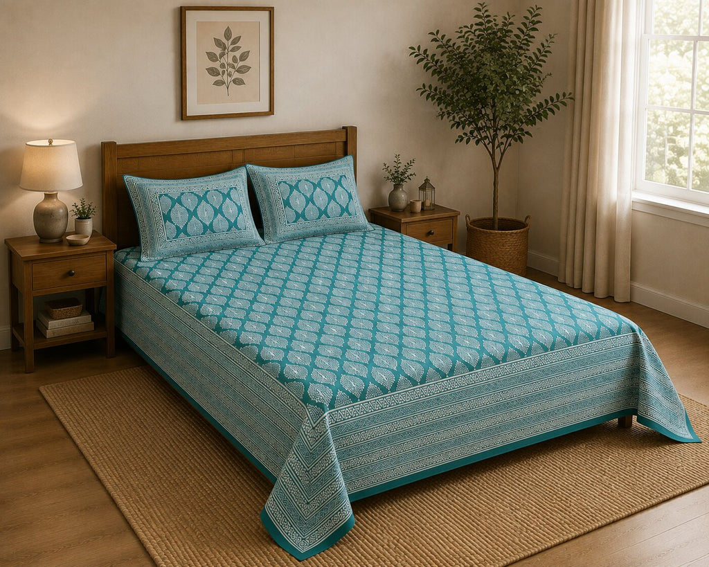MVB Lahariya Print Double Bedsheet Set | 100% Pure Cotton | 200 GSM | Teal Green