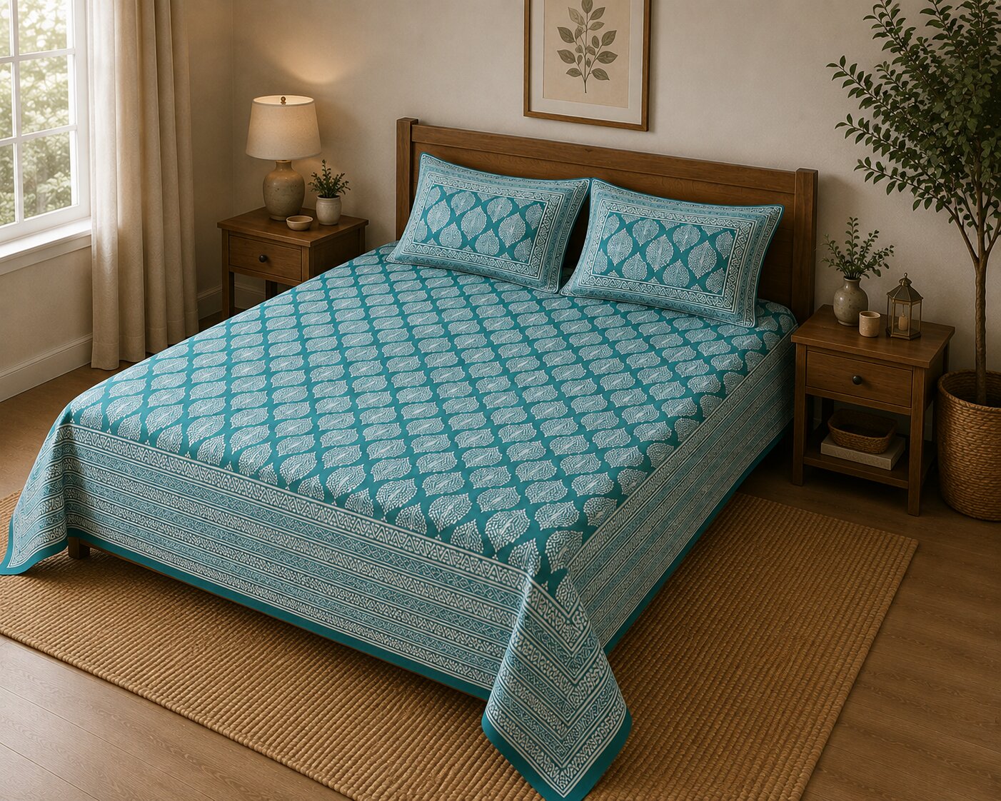 MVB Lahariya Print Double Bedsheet Set | 100% Pure Cotton | 200 GSM | Teal Green