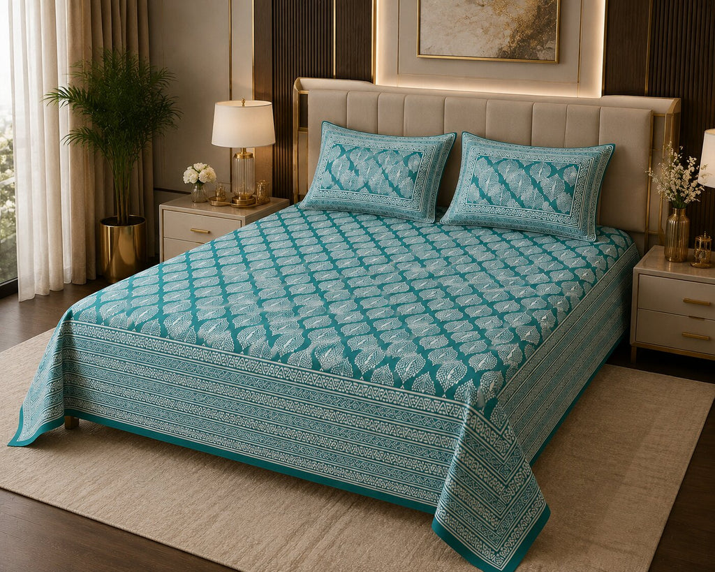 MVB Lahariya Print Double Bedsheet Set | 100% Pure Cotton | 200 GSM | Teal Green