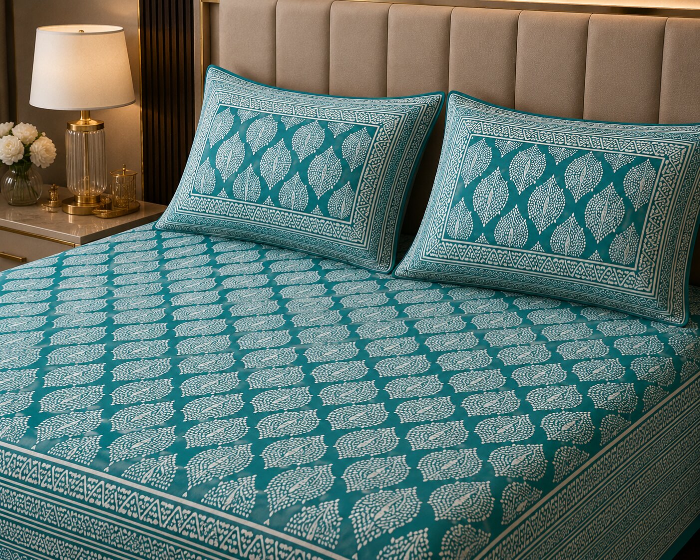 MVB Lahariya Print Double Bedsheet Set | 100% Pure Cotton | 200 GSM | Teal Green