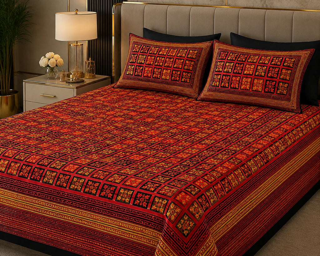 MVB Dabu Hand Block Print Double Bedsheet | Black Border Check Pattern | Super Fine Mercerised Cotton