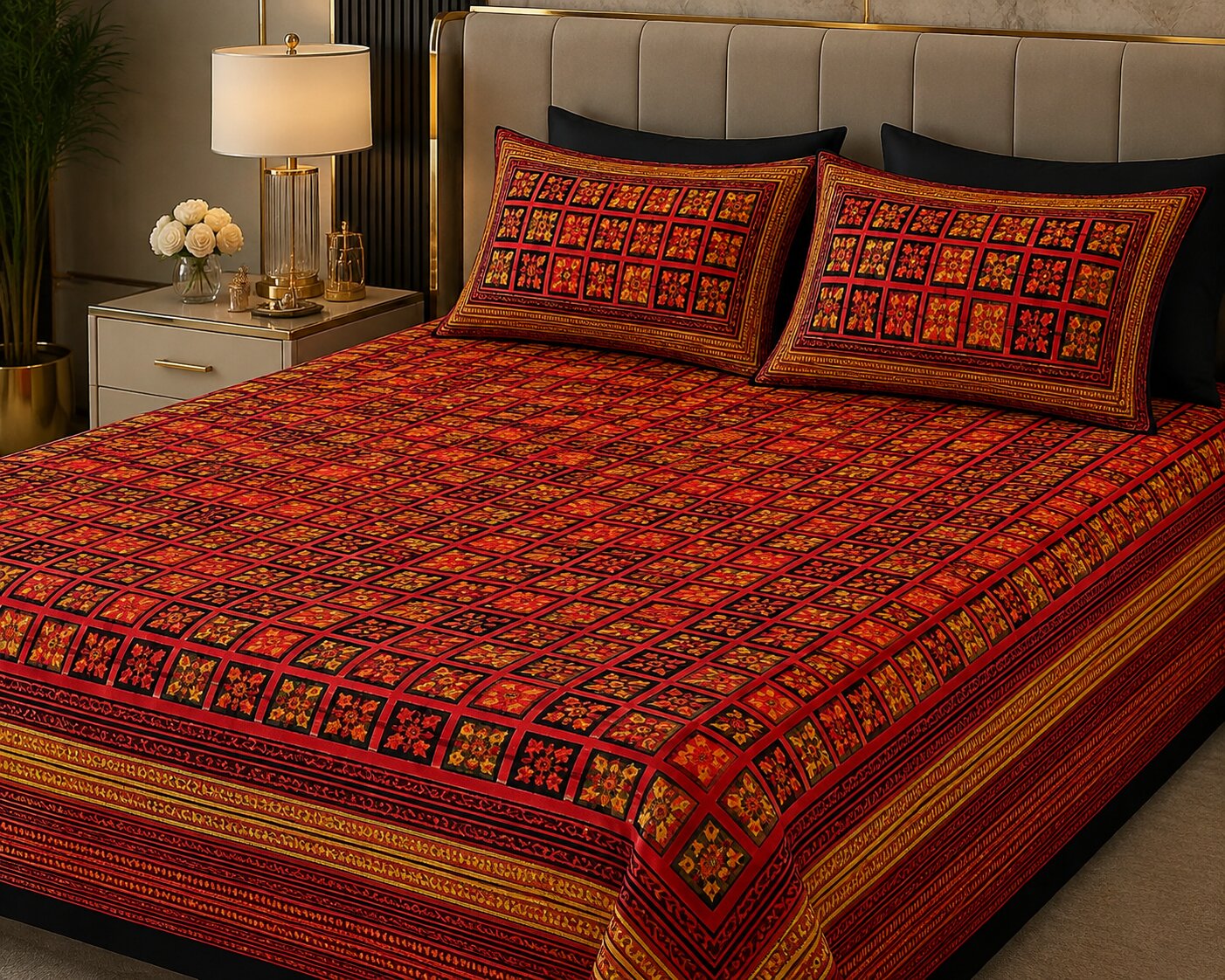 MVB Dabu Hand Block Print Double Bedsheet | Black Border Check Pattern | Super Fine Mercerised Cotton