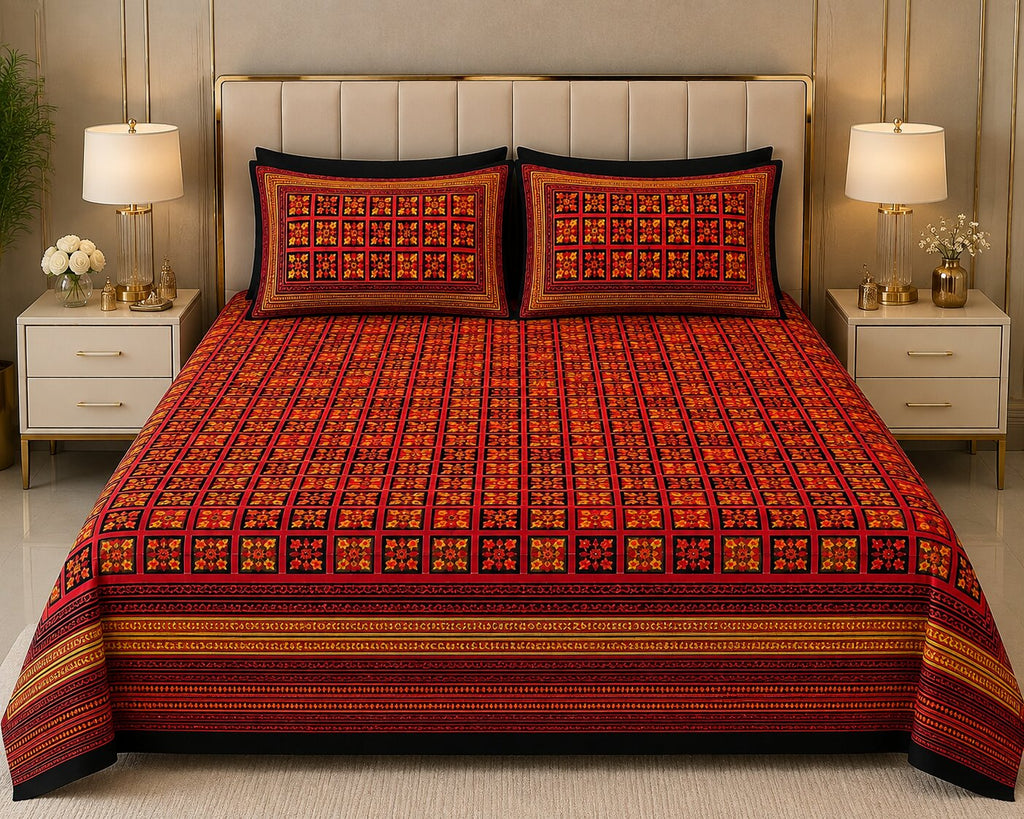 MVB Dabu Hand Block Print Double Bedsheet | Black Border Check Pattern | Super Fine Mercerised Cotton