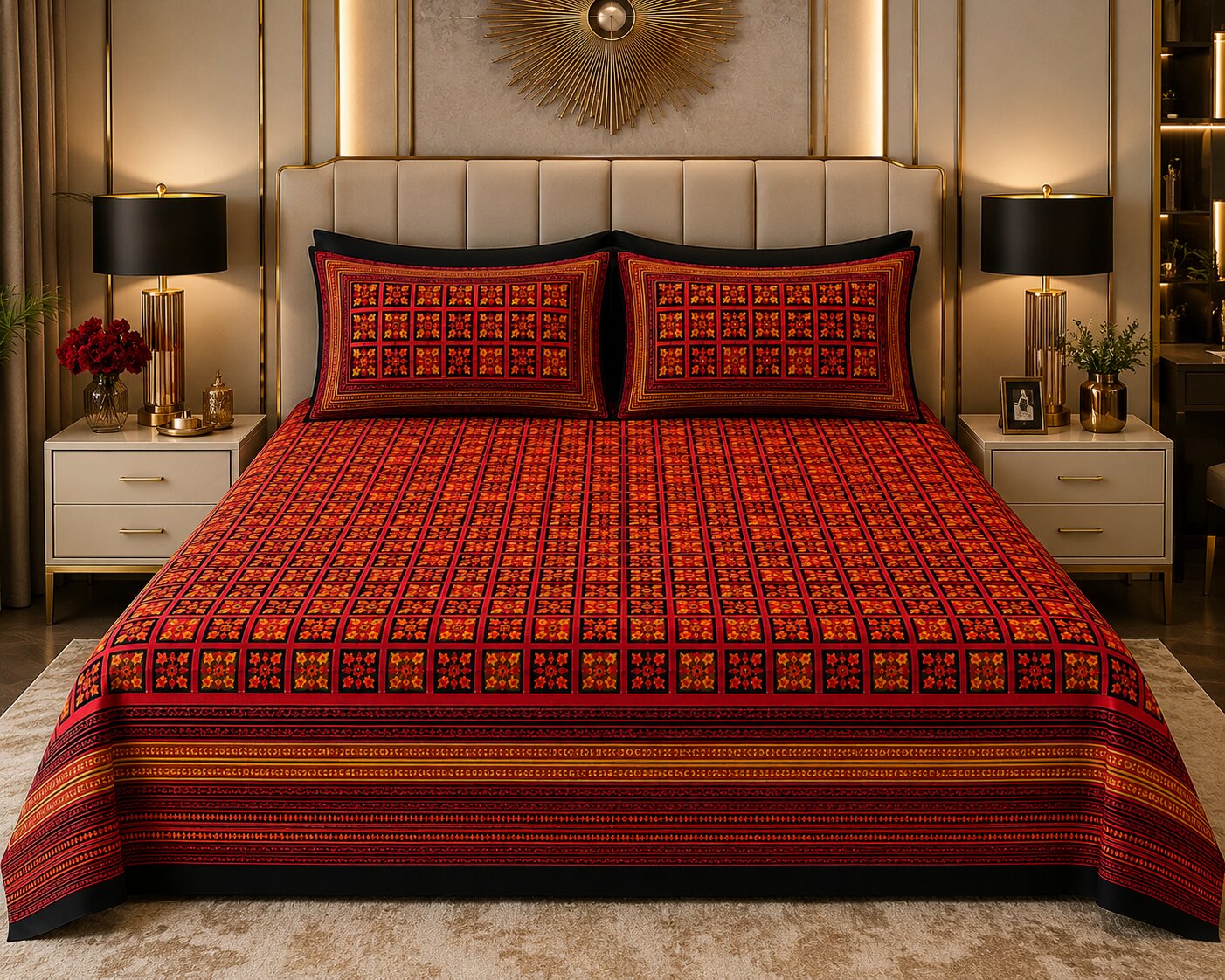 MVB Dabu Hand Block Print Double Bedsheet - Black Border Small Check Pattern - Mercerised Cotton