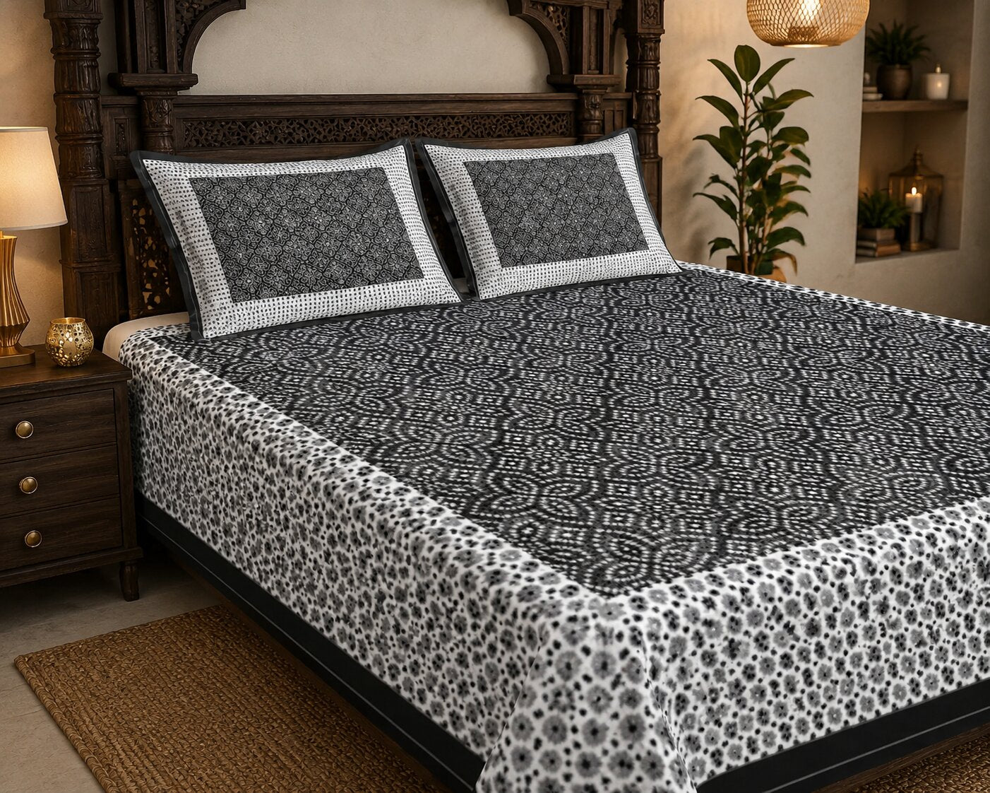 MVB Black Border White Base Bandhej Pattern Cotton Double Bed Sheet