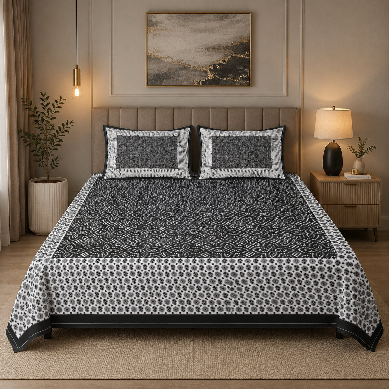 MVB Black Border White Base Bandhej Pattern Cotton Double Bed Sheet