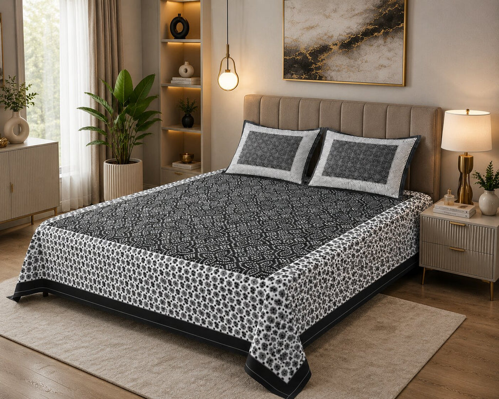 MVB Black Border White Base Bandhej Pattern Cotton Double Bed Sheet