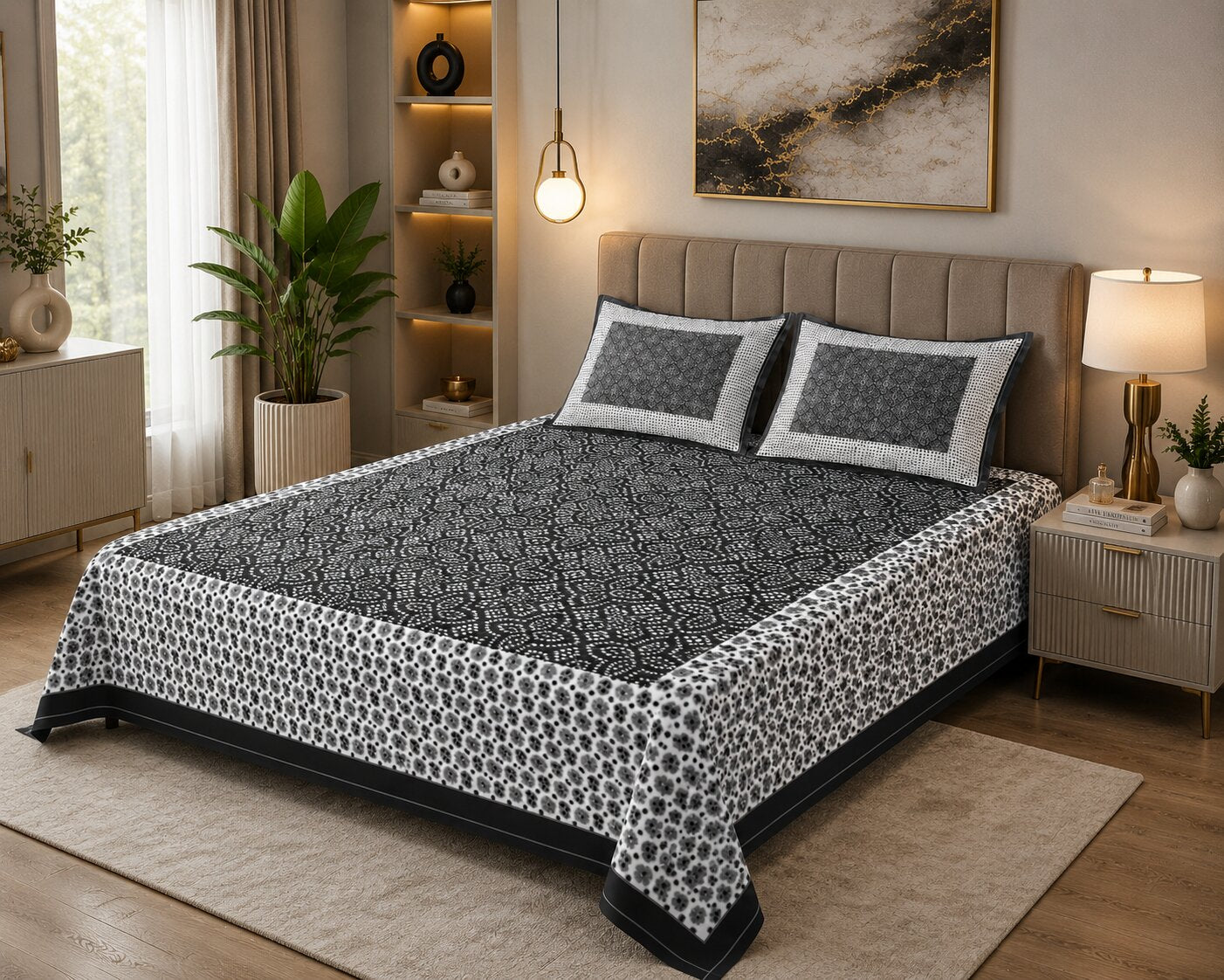MVB Black Border White Base Bandhej Pattern Cotton Double Bed Sheet