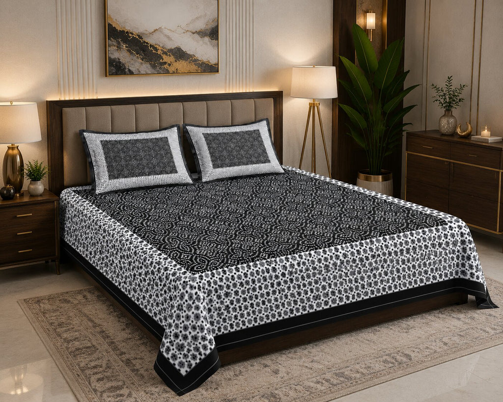 MVB Black Border White Base Bandhej Pattern Cotton Double Bed Sheet