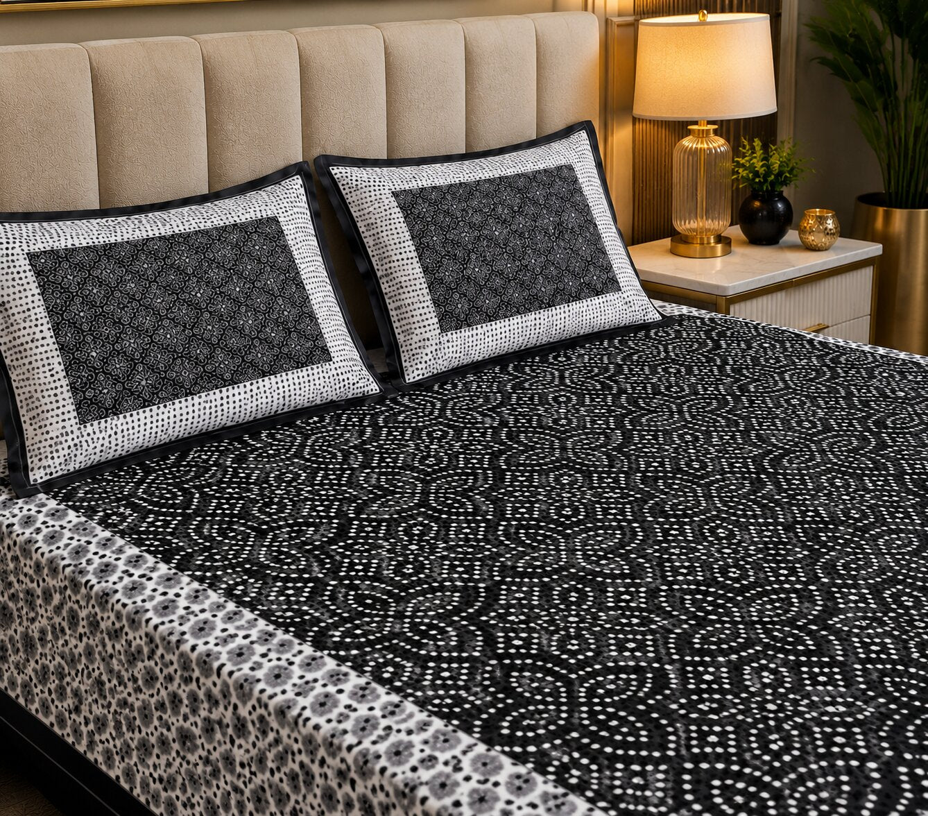 MVB Black Border White Base Bandhej Pattern Cotton Double Bed Sheet