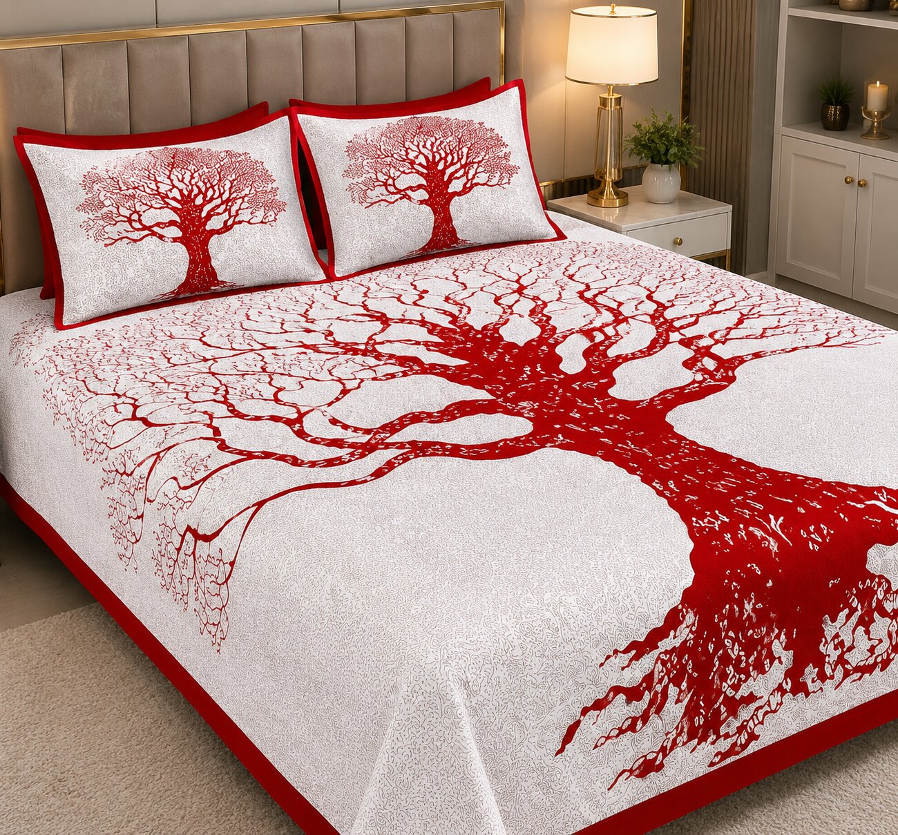 MVB Maroon Border Light Cream Base Big Tree Pattern Super Fine Cotton Double Bed Sheet