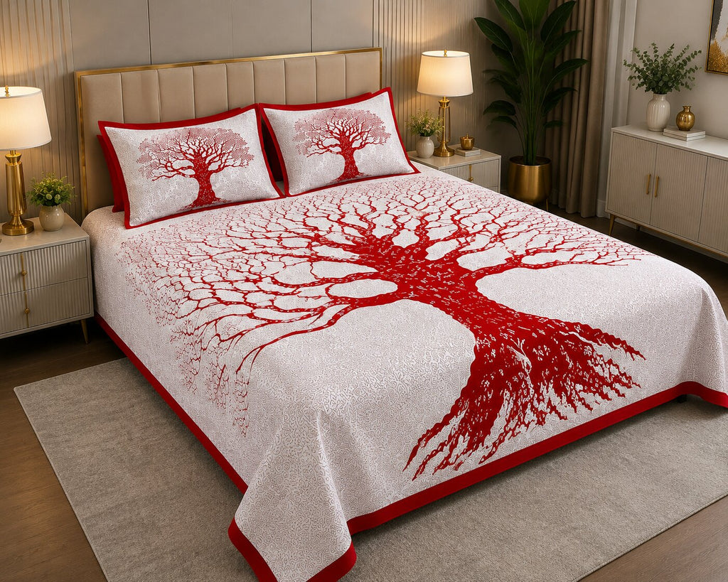 MVB Maroon Border Light Cream Base Big Tree Pattern Super Fine Cotton Double Bed Sheet