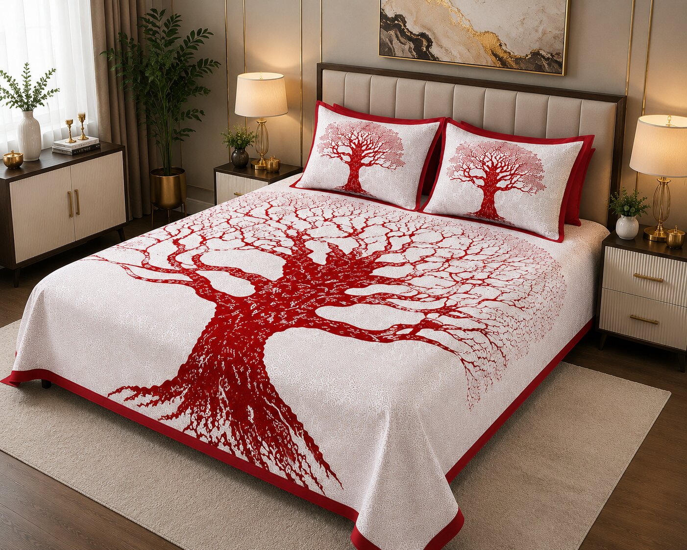 MVB Maroon Border Light Cream Base Big Tree Pattern Super Fine Cotton Double Bed Sheet