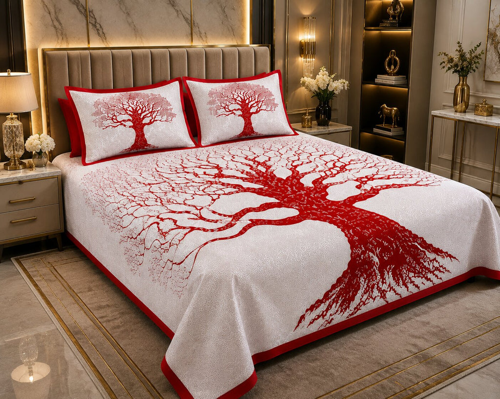 MVB Maroon Border Light Cream Base Big Tree Pattern Super Fine Cotton Double Bed Sheet