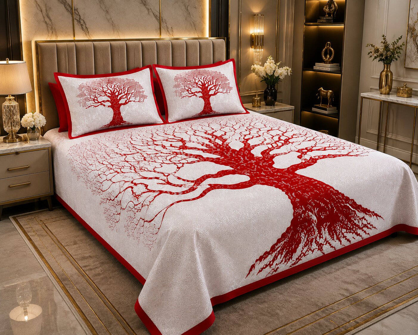 MVB Maroon Border Light Cream Base Big Tree Pattern Super Fine Cotton Double Bed Sheet