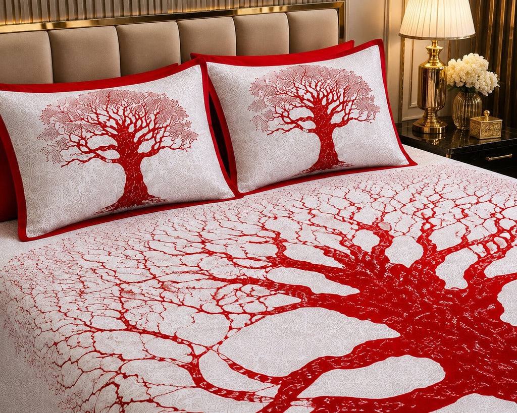 MVB Maroon Border Light Cream Base Big Tree Pattern Super Fine Cotton Double Bed Sheet