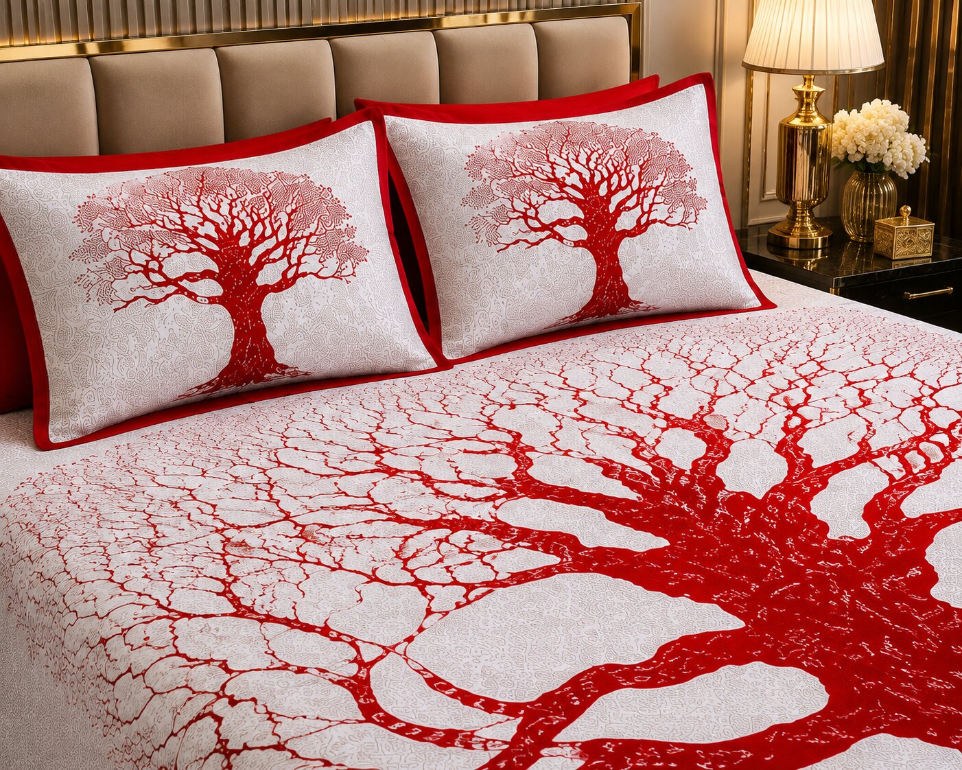 MVB Maroon Border Light Cream Base Big Tree Pattern Super Fine Cotton Double Bed Sheet