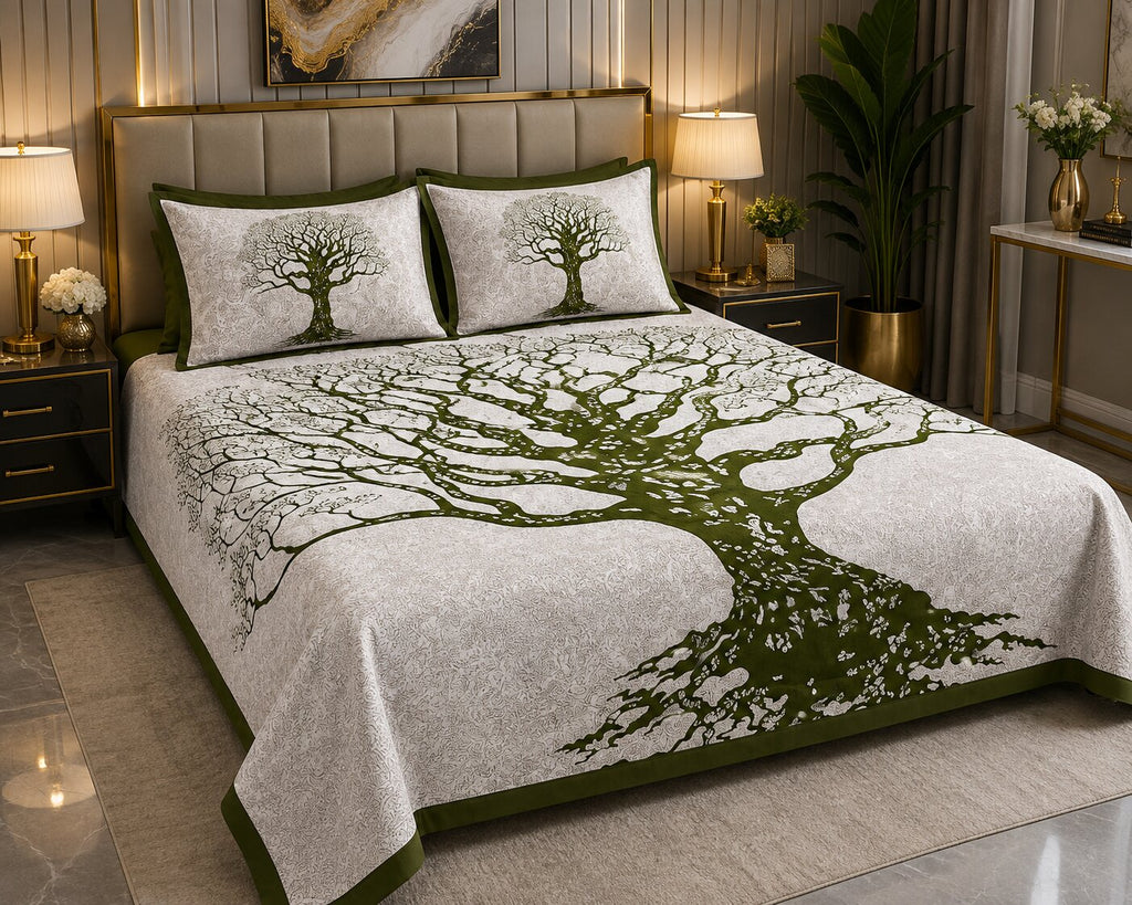 MVB Olive Green Border White Base Big Tree Pattern Super Fine Cotton Double Bed Sheet