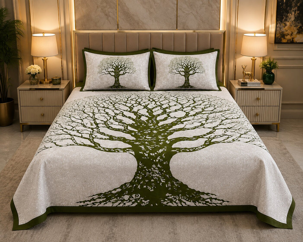 MVB Olive Green Border White Base Big Tree Pattern Super Fine Cotton Double Bed Sheet