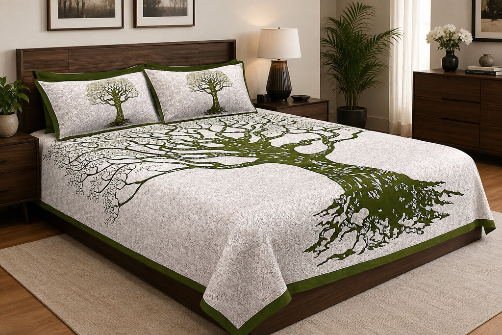 MVB Olive Green Border White Base Big Tree Pattern Super Fine Cotton Double Bed Sheet