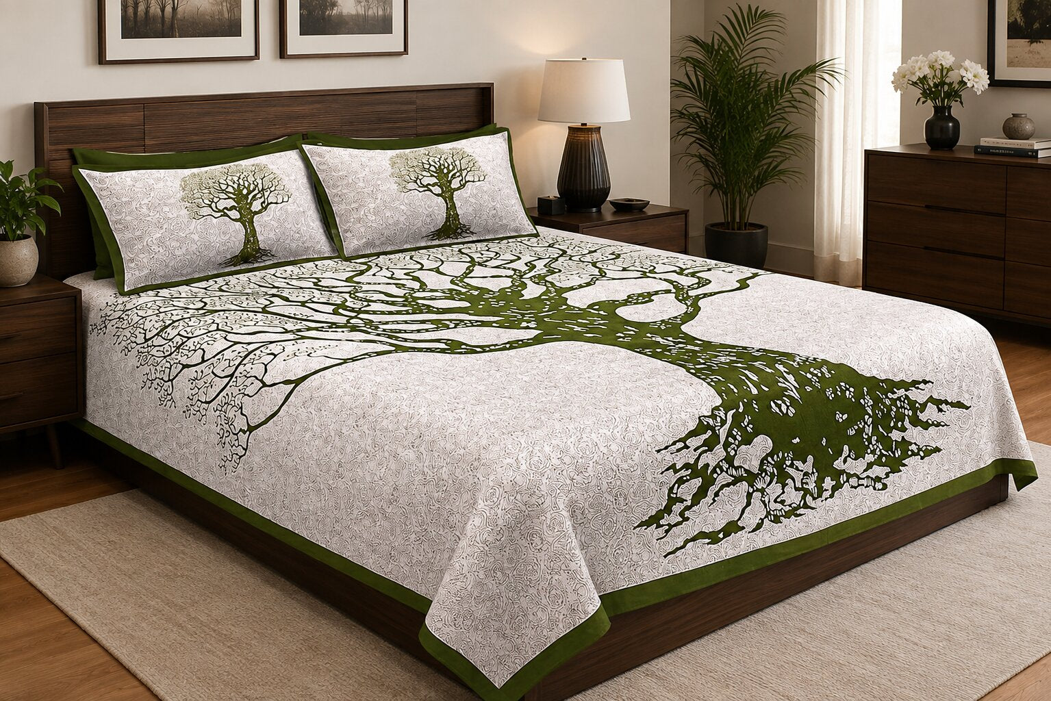 MVB Olive Green Border White Base Big Tree Pattern Super Fine Cotton Double Bed Sheet