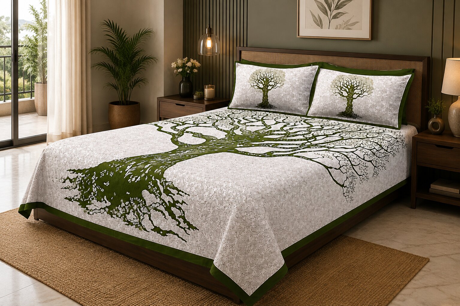 MVB Olive Green Border White Base Big Tree Pattern Super Fine Cotton Double Bed Sheet