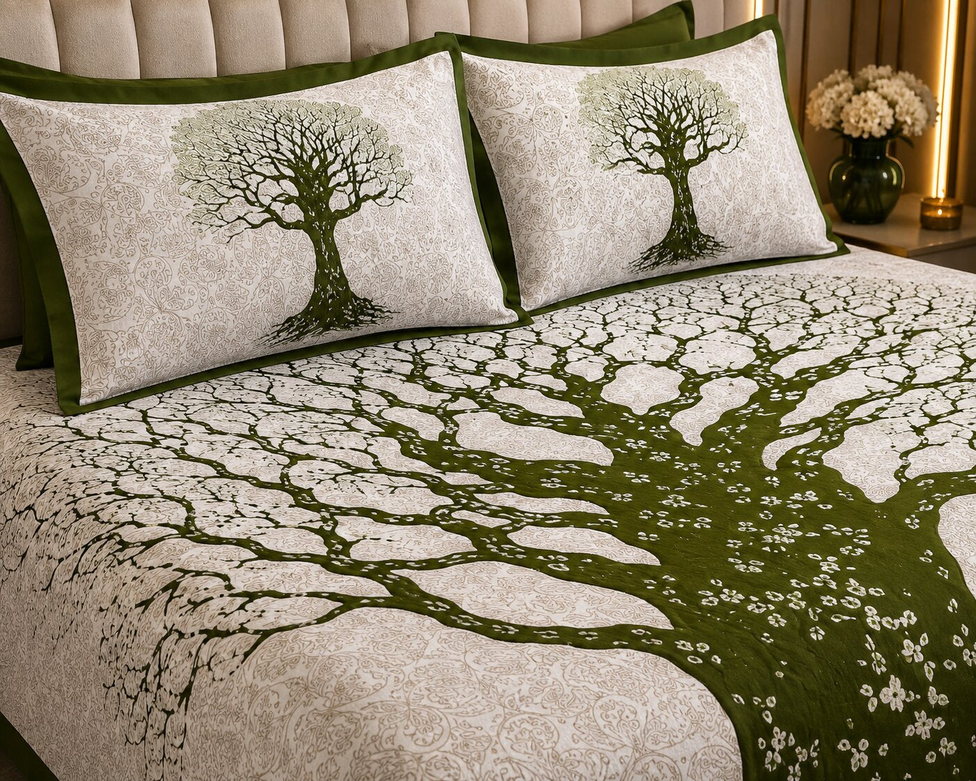 MVB Olive Green Border White Base Big Tree Pattern Super Fine Cotton Double Bed Sheet