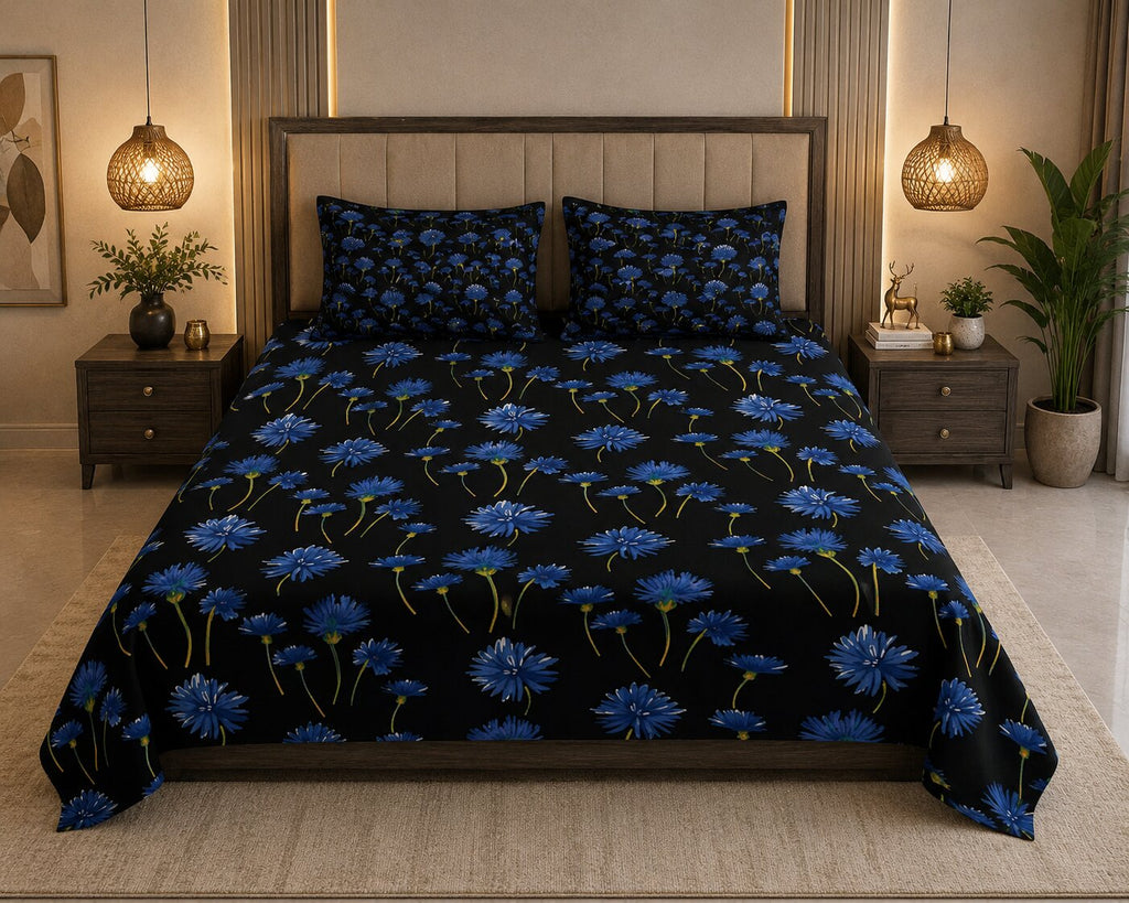 MVB Black Base Blue Sunflower Print Double Bed Sheet