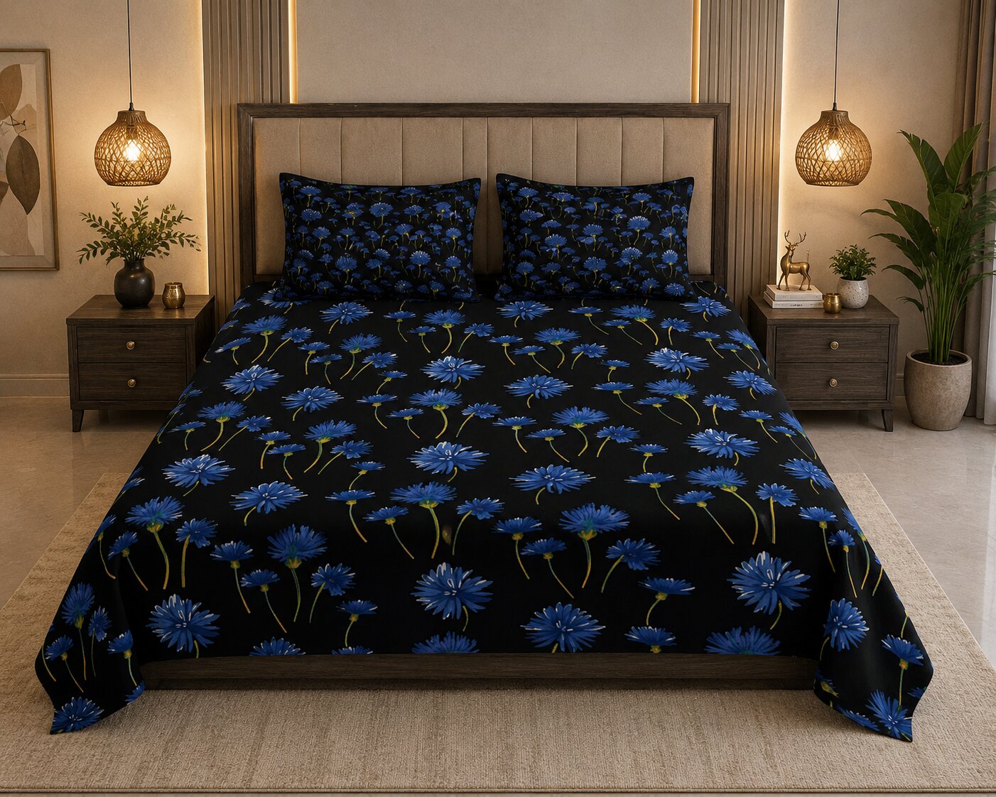 MVB Black Base Blue Sunflower Print Double Bed Sheet