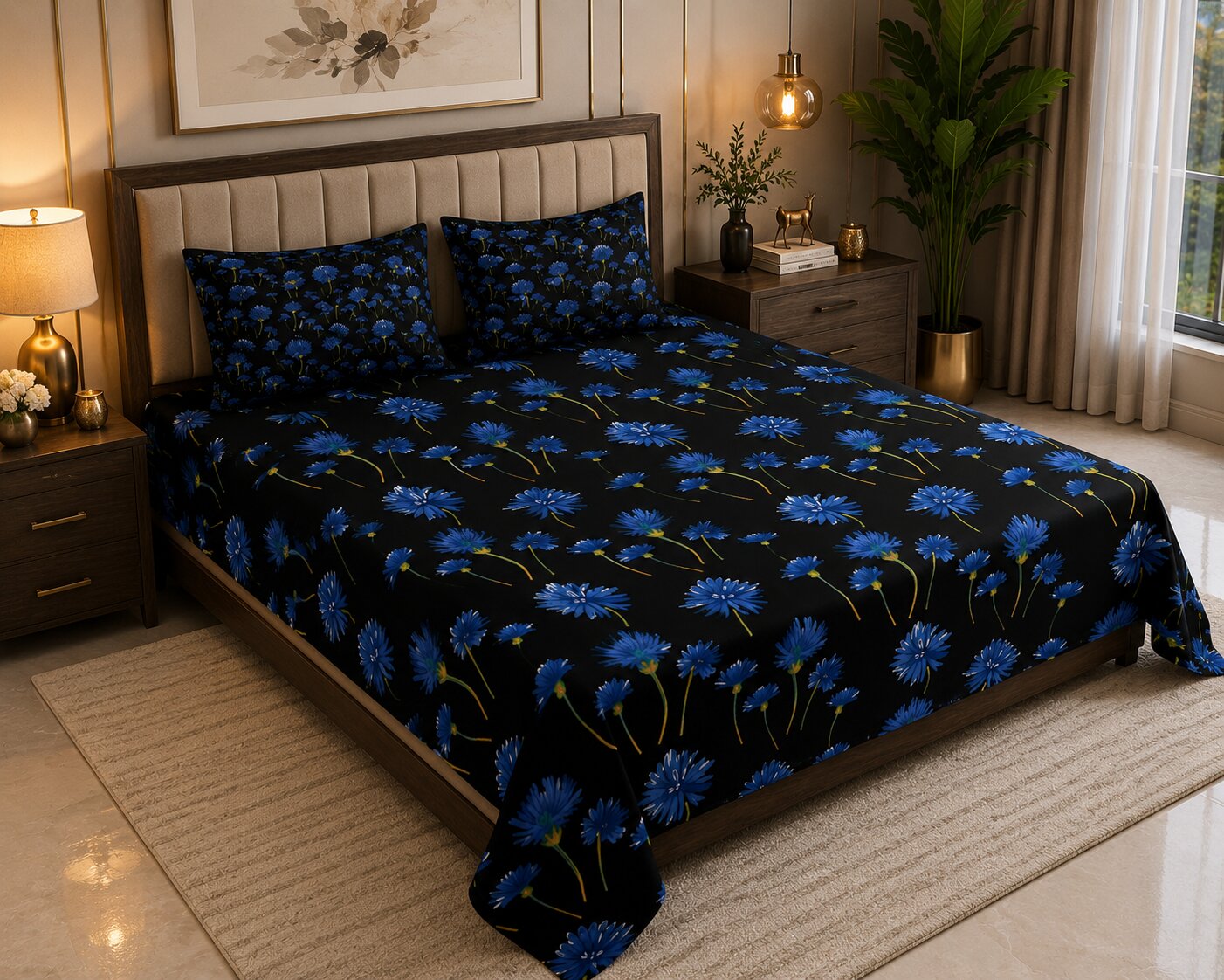 MVB Black Base Blue Sunflower Print Double Bed Sheet