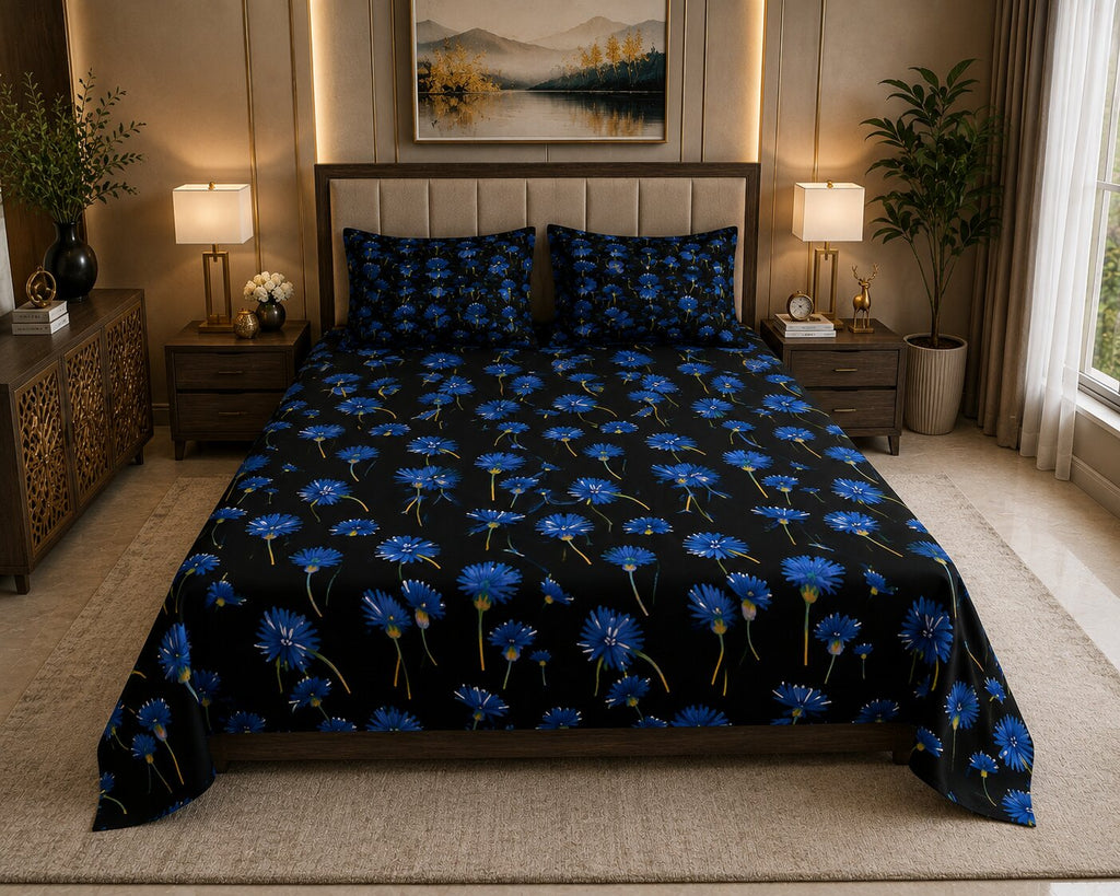MVB Black Base Blue Sunflower Print Double Bed Sheet