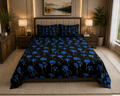 MVB Black Base Blue Sunflower Print Double Bed Sheet with 2 Pillow Covers