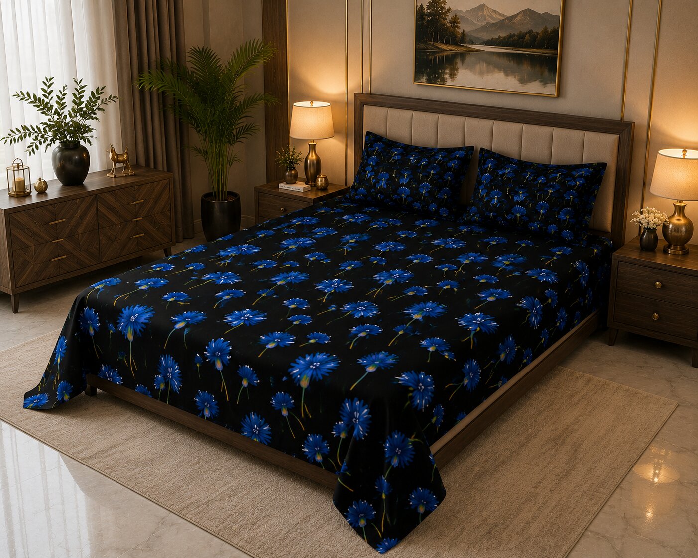 MVB Black Base Blue Sunflower Print Double Bed Sheet