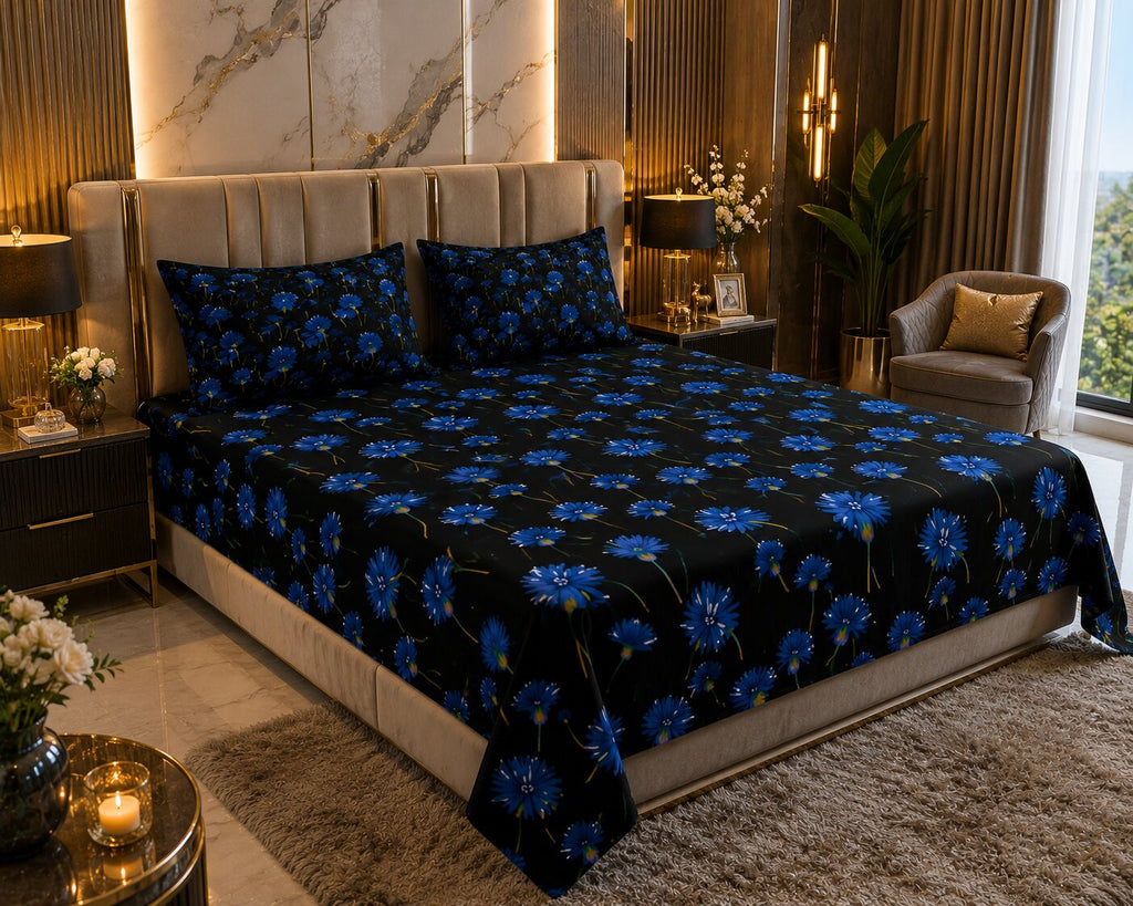MVB Black Base Blue Sunflower Print Double Bed Sheet