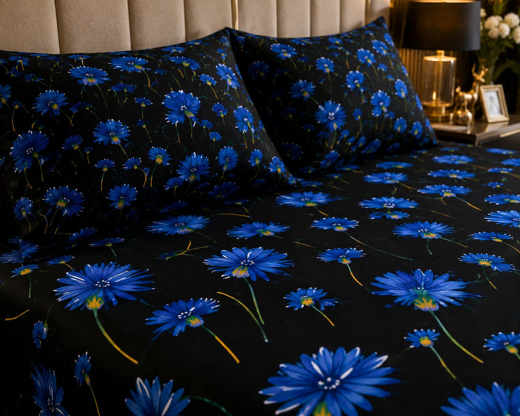 MVB Black Base Blue Sunflower Print Double Bed Sheet