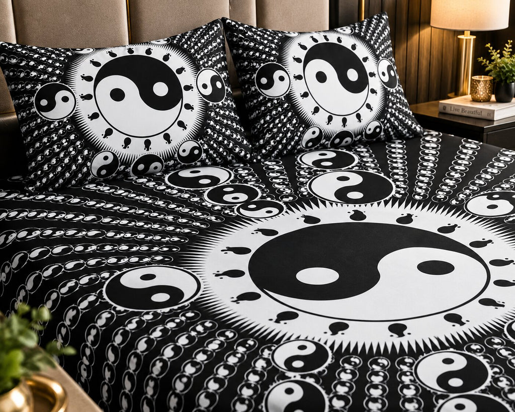 MVB Yin Yang Print Black Base Cotton Double Bedsheet – Spiritual, Stylish & Comfortable